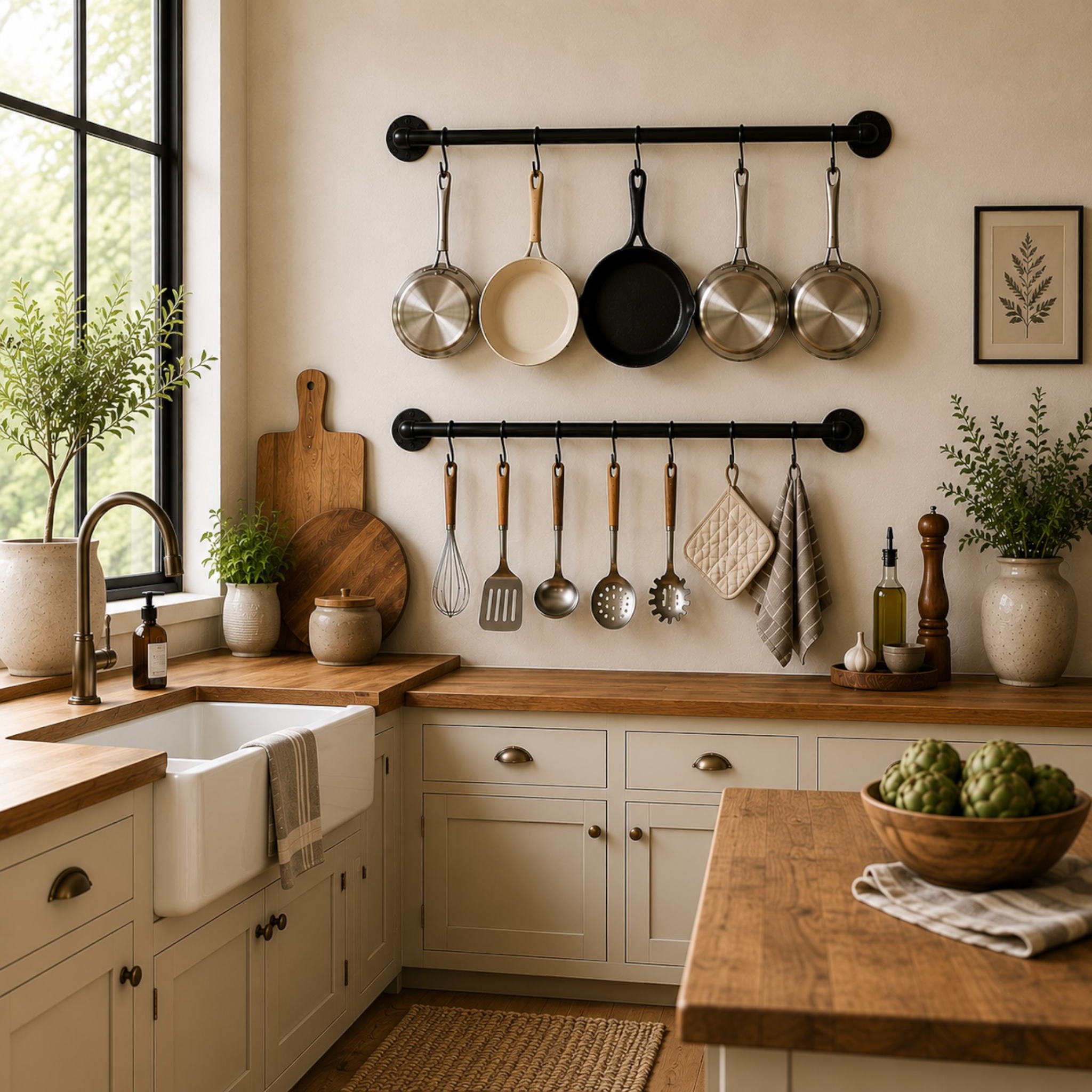 Wall mounted industrial pipe pot and pan rack in hammered bronze finish 24 inch length