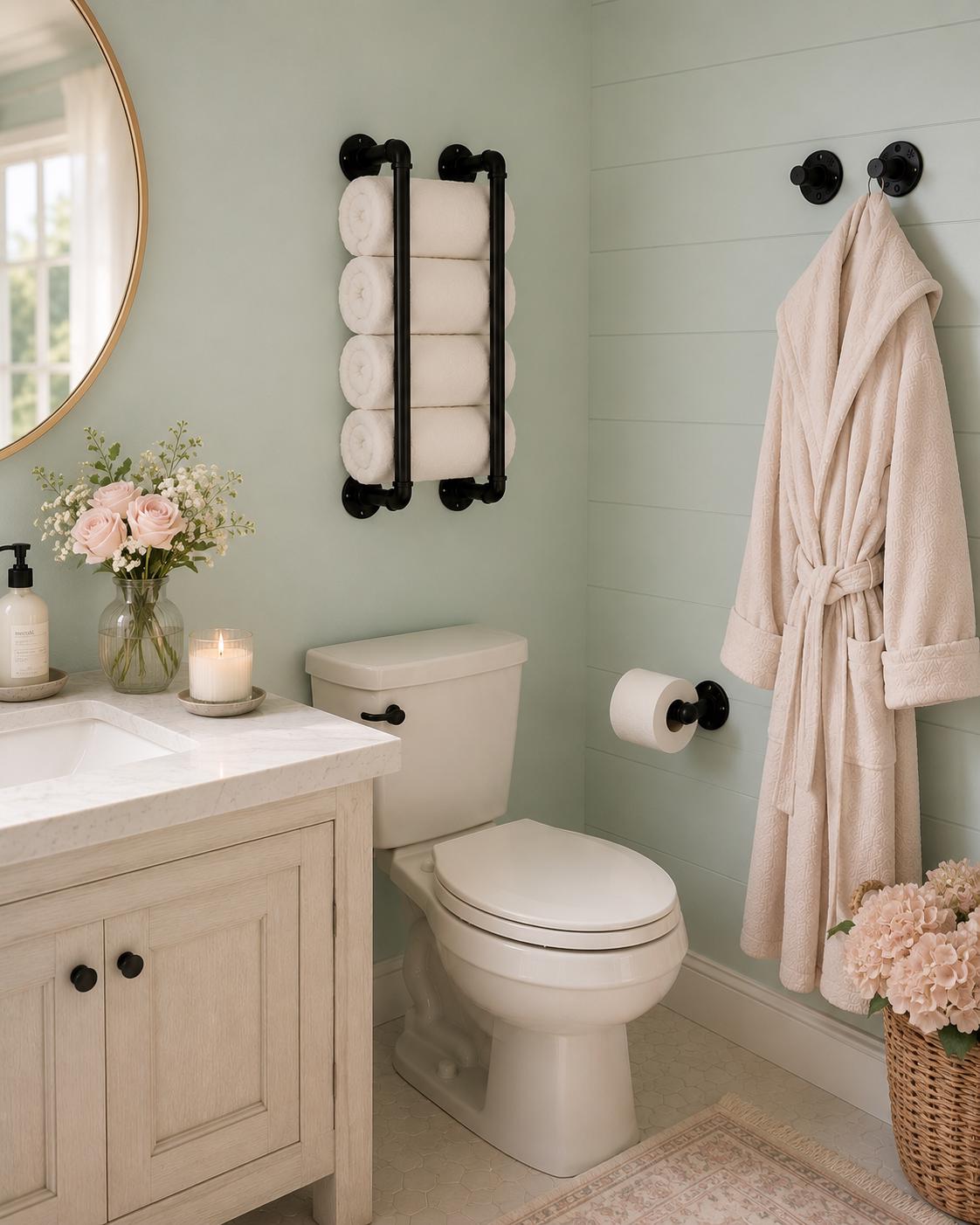 Spa-inspired rustic pipe bathroom hardware set with towel rack, robe hooks and toilet paper holder