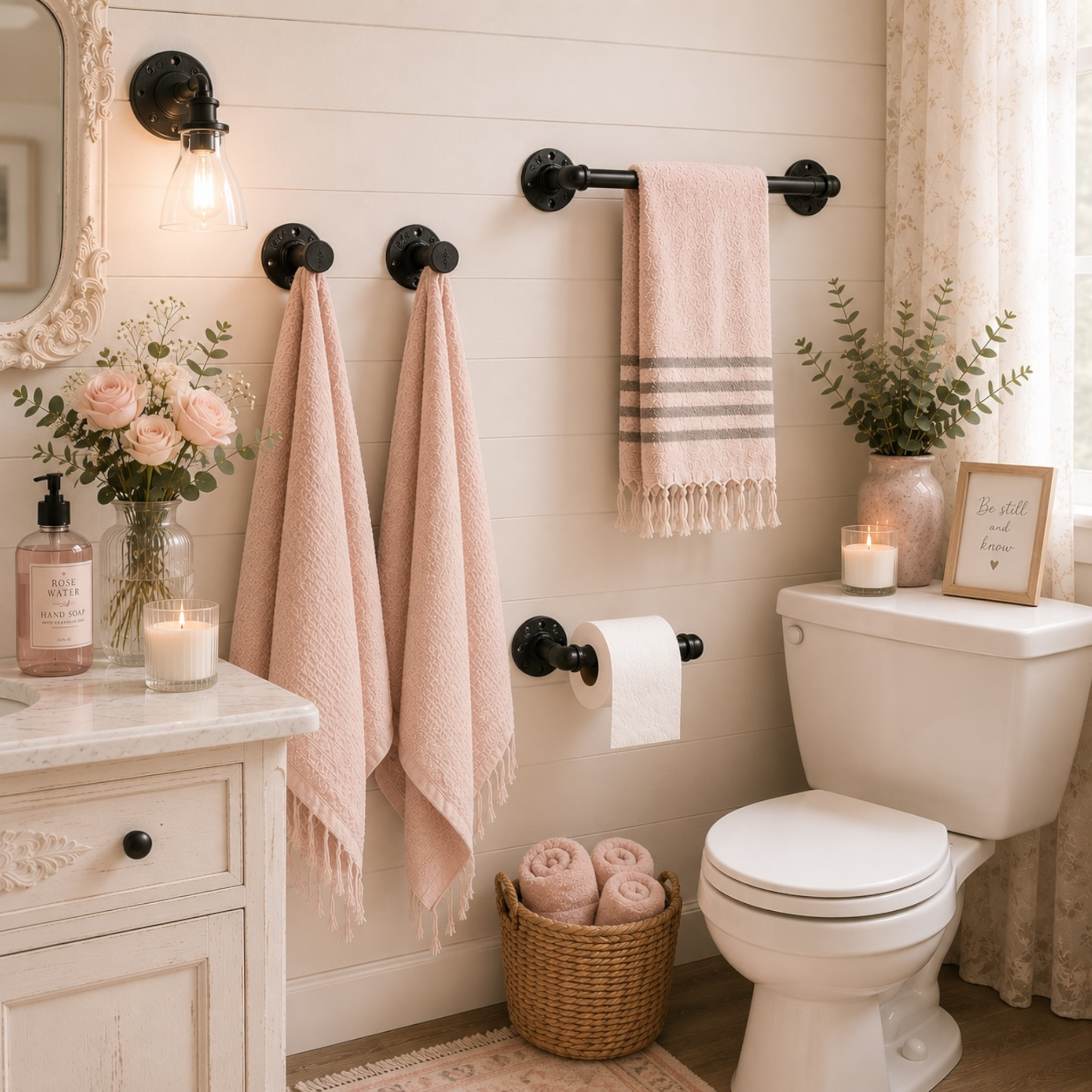 Four piece industrial pipe bathroom hardware set in black satin finish with towel bar hooks and toilet paper holder