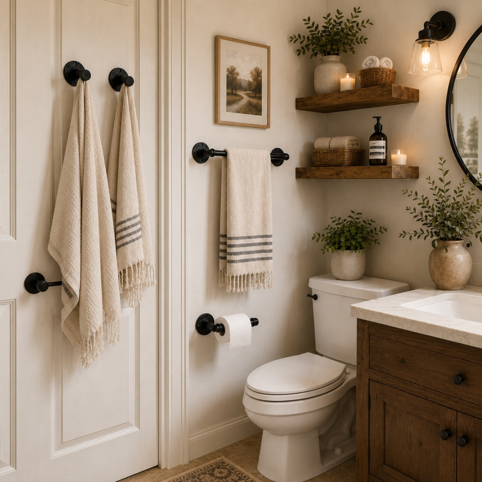 Four piece industrial pipe bathroom hardware set in black satin finish with towel bar hooks and toilet paper holder