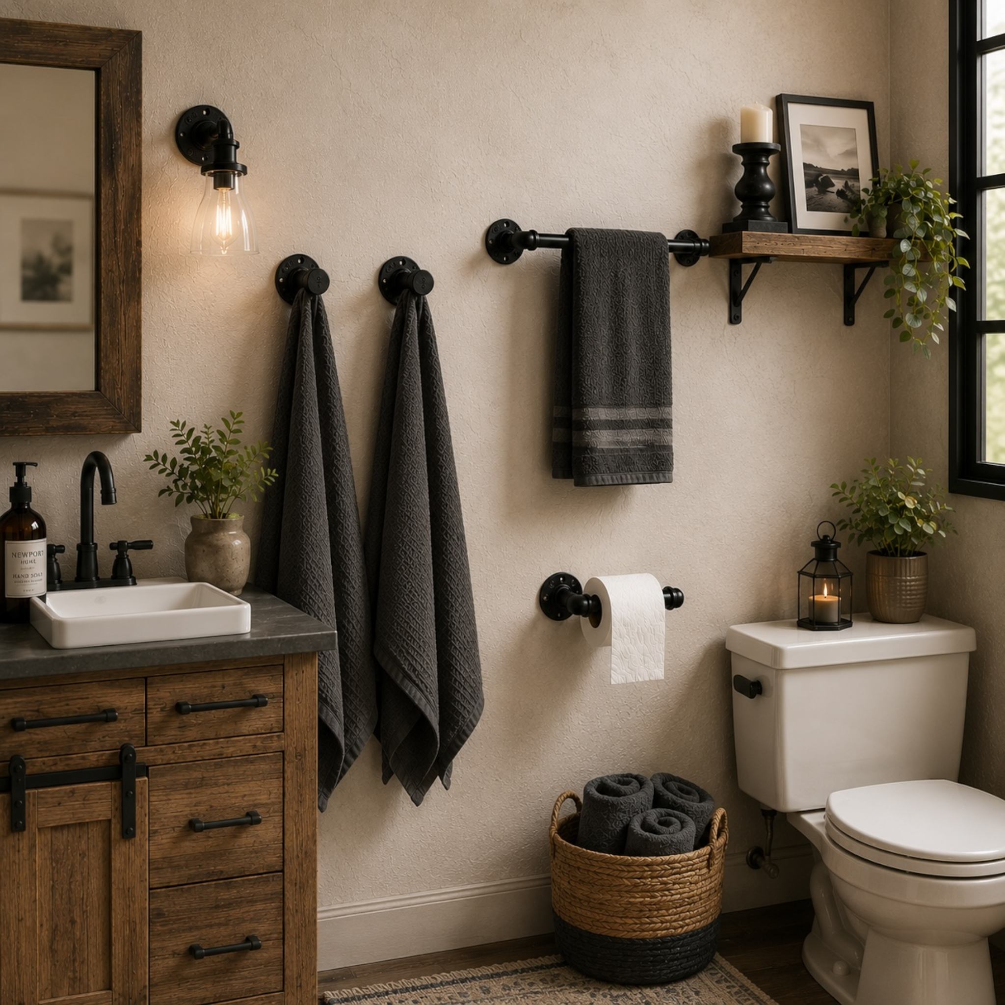 Four piece industrial pipe bathroom hardware set in hammered bronze finish with towel bar hooks and toilet paper holder