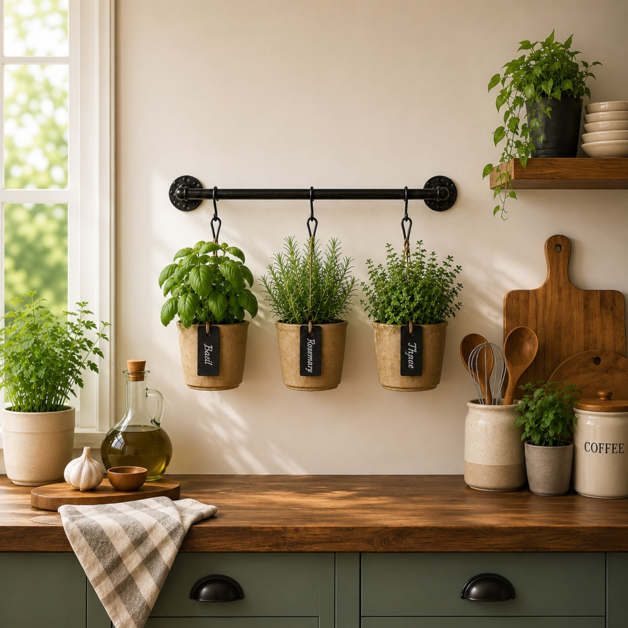 Wall mounted industrial pipe plant hanger in black satin finish 30 inch length with hanging planter