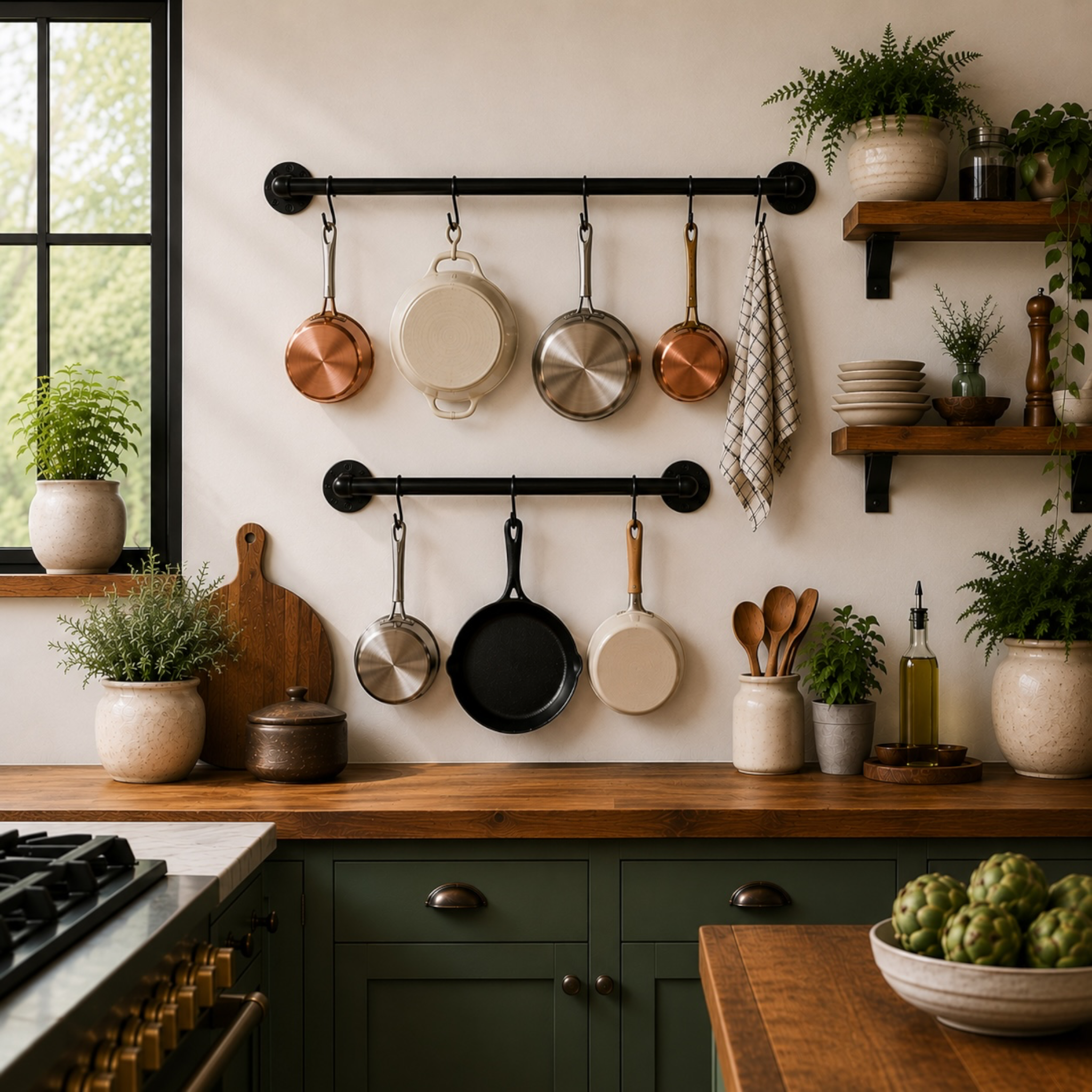 Wall mounted industrial pipe pot and pan rack in black satin finish 24 inch length